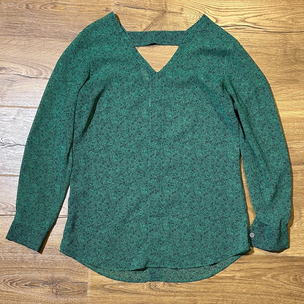 CABI Sheer V-Neck Green & Navy Women's Top Small